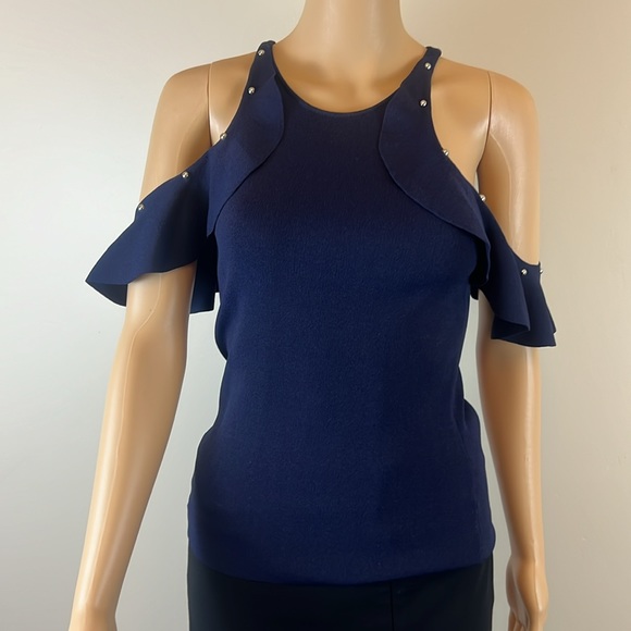 Jonathan Simkhai Navy Embellished Cold Shoulder Top with Silvet Grommets NWOT - Picture 2 of 7